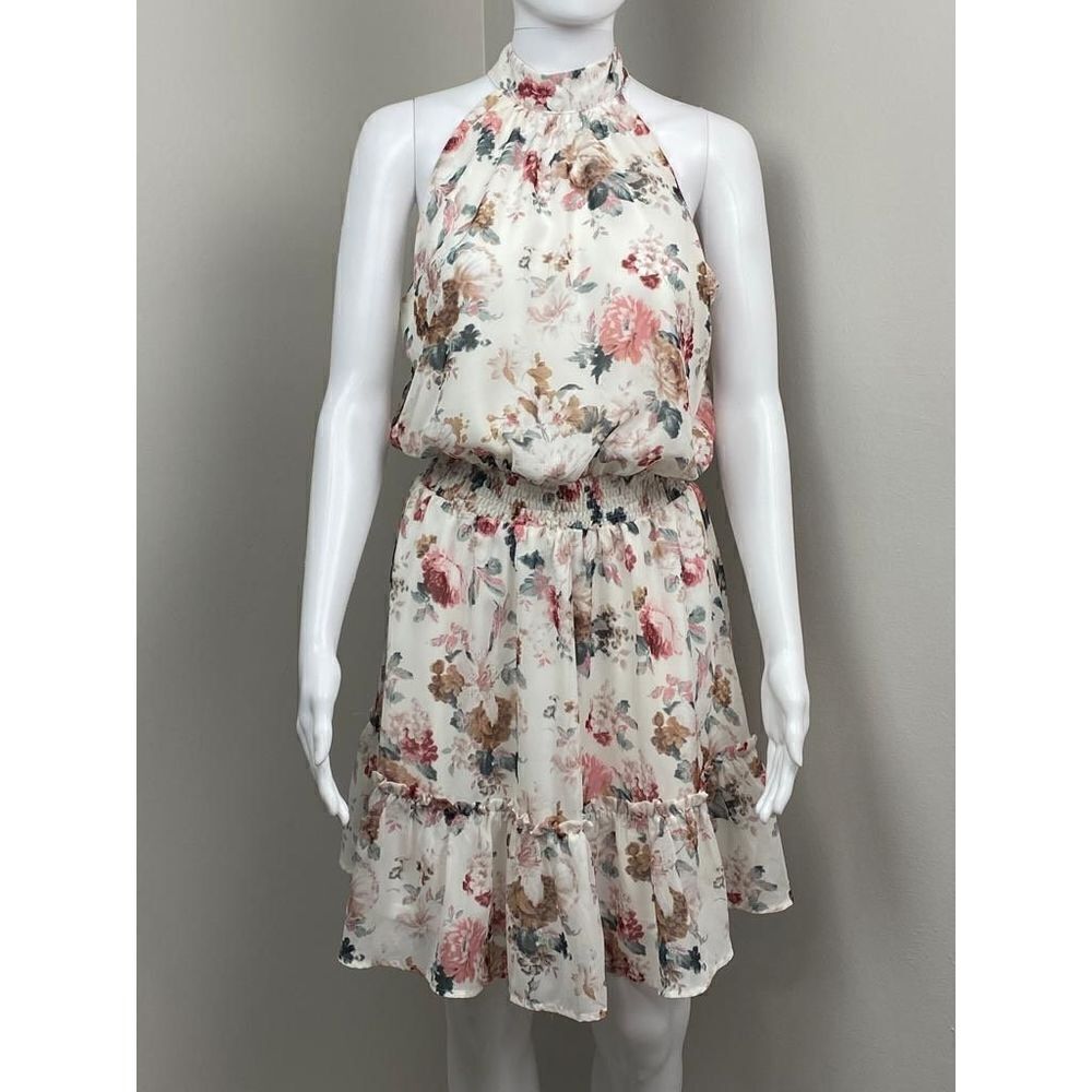 Sweet Lemon Halter Neck Sleeveless Woven Dress Womens Small Ivory Floral Print B